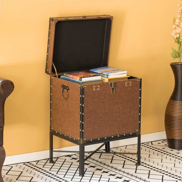 Vintiquewise Brown and Black Trimmed Faux Leather Lockable Square Lined Storage Trunk, End Table on Metal Stand - QI003796.BN