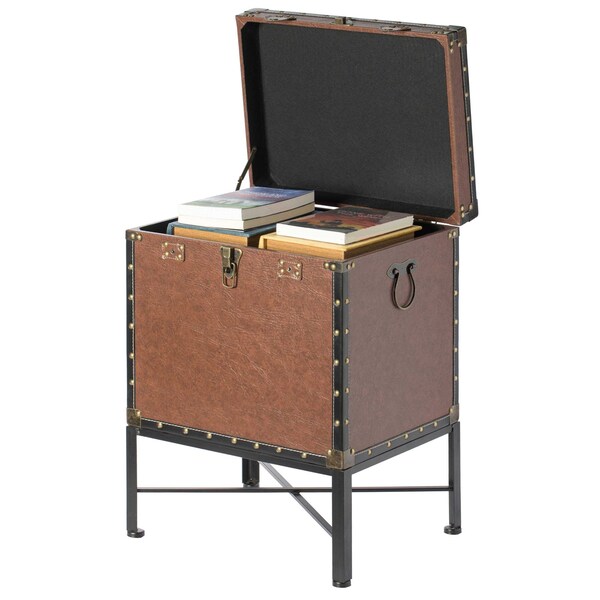 Vintiquewise Brown and Black Trimmed Faux Leather Lockable Square Lined Storage Trunk, End Table on Metal Stand - QI003796.BN