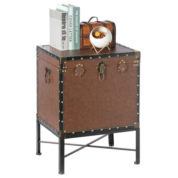 Vintiquewise Brown and Black Trimmed Faux Leather Lockable Square Lined Storage Trunk, End Table on Metal Stand - QI003796.BN