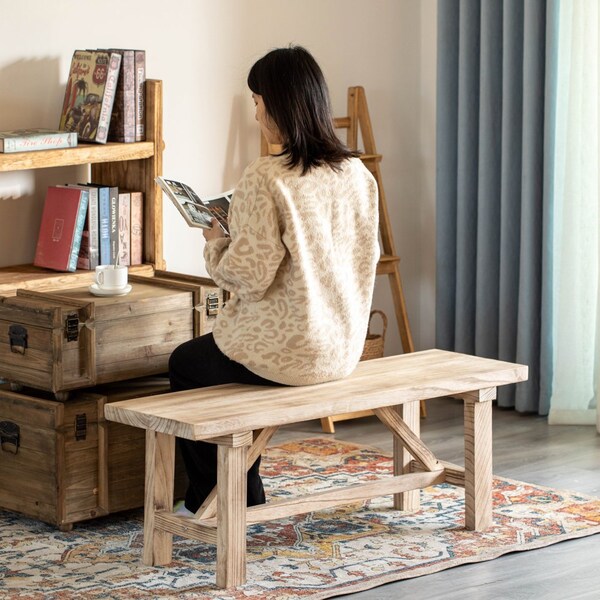 Vintiquewise 46'' Wooden Bench Farmhouse Entryway Organizer Retro Rustic Accent Seat Natural Wood Armless - QI004773-48