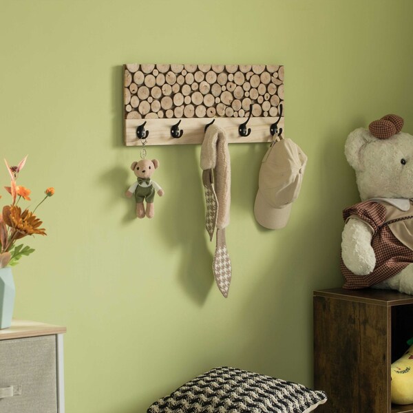 Vintiquewise Natural Wood Hook Rack with Five Hooks for Entryway, Office, Bedroom, and Playroom - QI004387