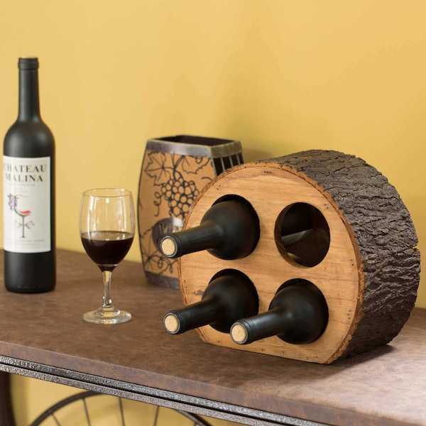 Vintiquewise Round Wood Log Style with Bark 4 Bottle Countertop Wine Rack Holder - QI003887
