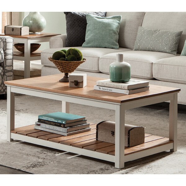 Alaterre Furniture Savannah 45"w Coffee Table, Ivory with Natural Wood Top - ASVA11IVW