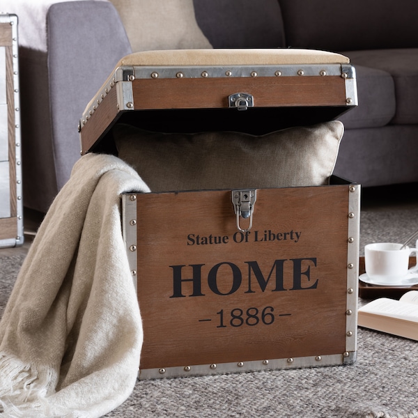 Baxton Studio Violetta Beige Upholstered Wood Storage Trunk Ottoman - 152-9193