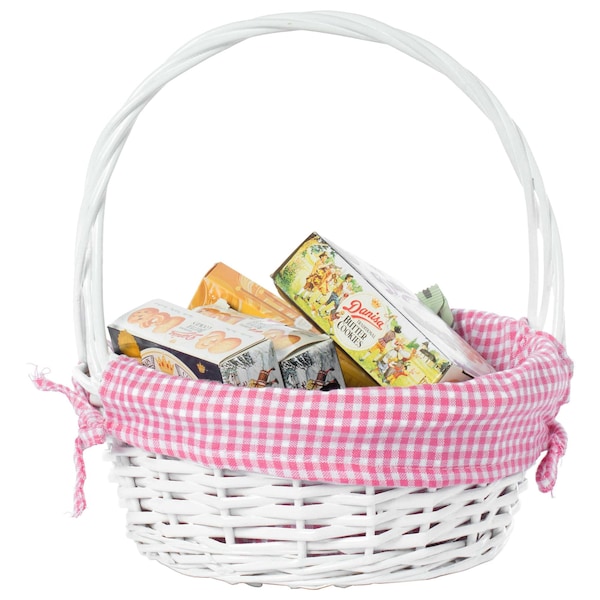 Vintiquewise White Round Willow Gift Basket, with Pink and White Gingham Liner and Handles, Small - QI004550PK.S
