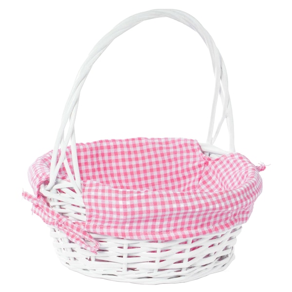 Vintiquewise White Round Willow Gift Basket, with Pink and White Gingham Liner and Handles, Small - QI004550PK.S
