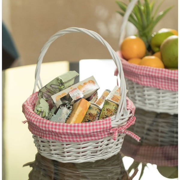 Vintiquewise White Round Willow Gift Basket, with Pink and White Gingham Liner and Handles, Small - QI004550PK.S