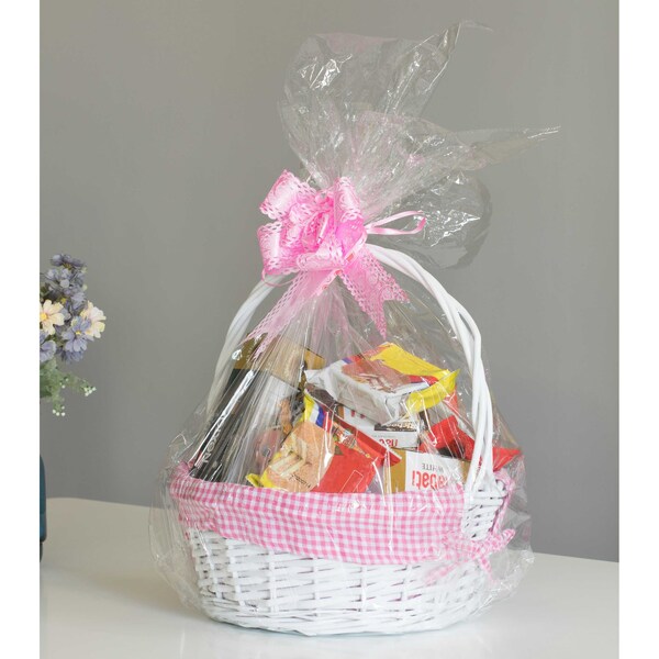 Vintiquewise White Round Willow Gift Basket, with Pink and White Gingham Liner and Handles, Small - QI004550PK.S