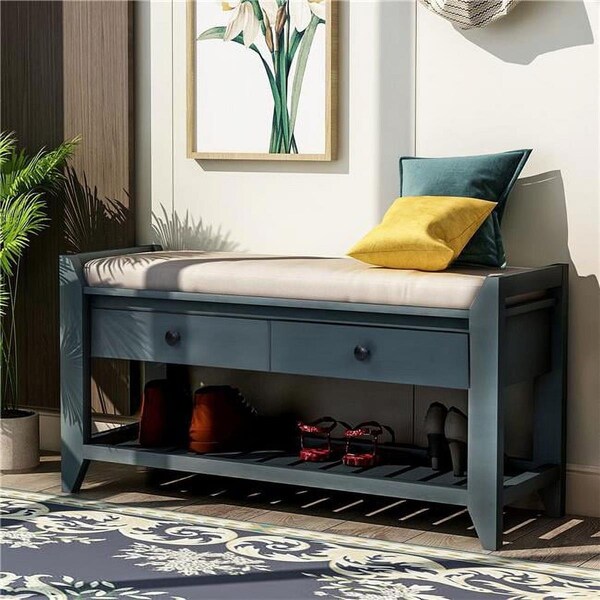 Direct Wicker Shoe Rack with Cushioned Seat and Drawers, Multipurpose Entryway Storage Bench Antique Navy - UBS-WF195386AAM