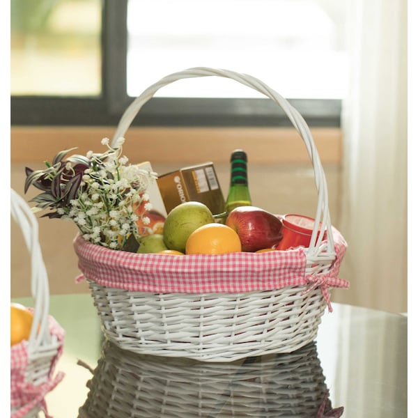 Vintiquewise White Round Willow Gift Basket, with Pink and White Gingham Liner and Handles, Large - QI004550PK.L