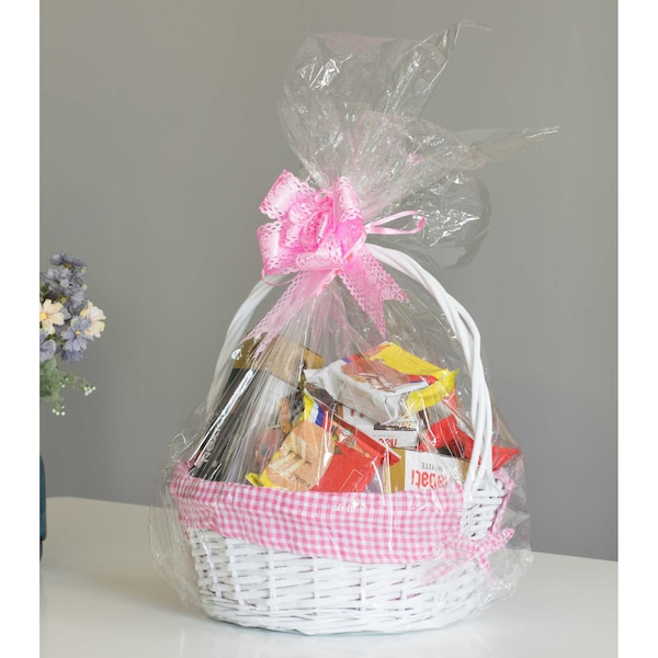 Vintiquewise White Round Willow Gift Basket, with Pink and White Gingham Liner and Handles, Large - QI004550PK.L