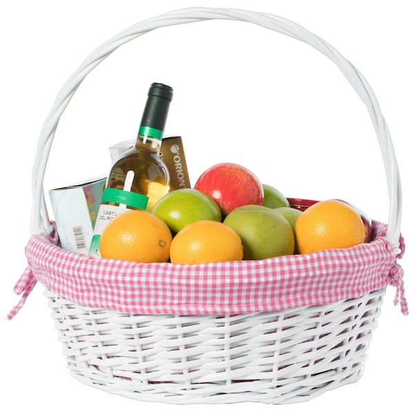 Vintiquewise White Round Willow Gift Basket, with Pink and White Gingham Liner and Handles, Large - QI004550PK.L