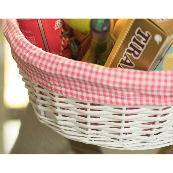 Vintiquewise White Round Willow Gift Basket, with Pink and White Gingham Liner and Handles, Large - QI004550PK.L