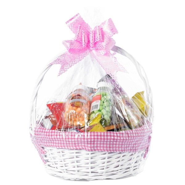 Vintiquewise White Round Willow Gift Basket, with Pink and White Gingham Liner and Handles, Large - QI004550PK.L