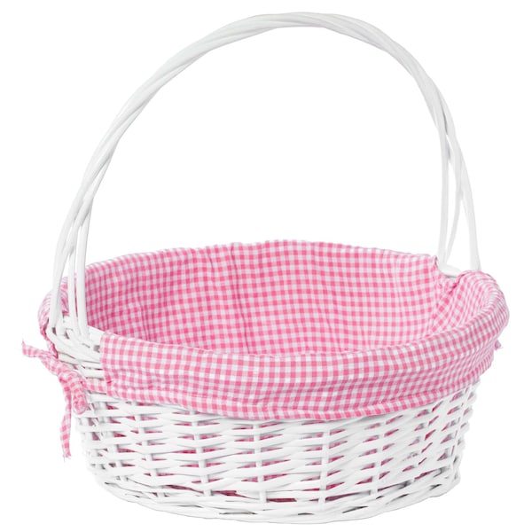 Vintiquewise White Round Willow Gift Basket, with Pink and White Gingham Liner and Handles, Large - QI004550PK.L