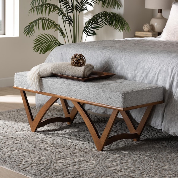 Baxton Studio Chenoa Japandi Light Grey Boucle Fabric and Walnut Brown Finished Wood Bench - 233-13319-ZORO