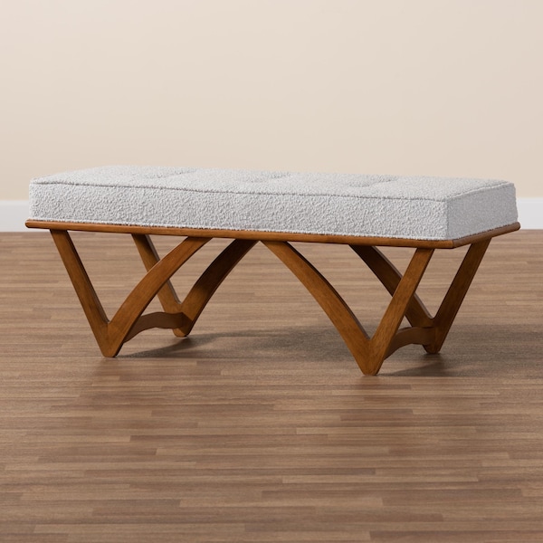 Baxton Studio Chenoa Japandi Light Grey Boucle Fabric and Walnut Brown Finished Wood Bench - 233-13319-ZORO