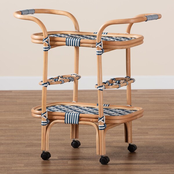 Bali & Pari bali and pari Chasca Modern Bohemian Blue and White Weaving and Natural Rattan Wine Cart - 238-13390-ZORO