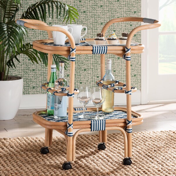 Bali & Pari bali and pari Chasca Modern Bohemian Blue and White Weaving and Natural Rattan Wine Cart - 238-13390-ZORO