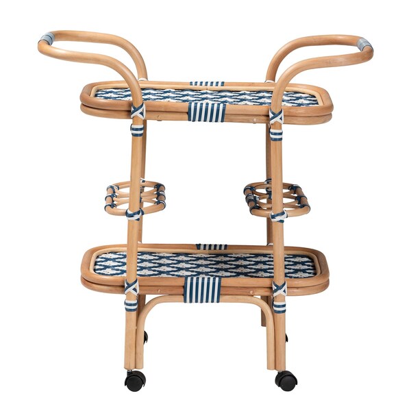 Bali & Pari bali and pari Chasca Modern Bohemian Blue and White Weaving and Natural Rattan Wine Cart - 238-13390-ZORO