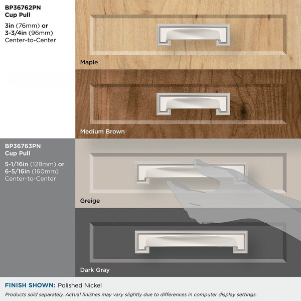 Amerock Appoint 5-1/16 in or 6-5/16 in 128mm or 160mm Center-to-Center Polished Nickel Cabinet Cup Pull - BP36763PN