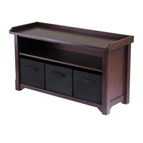 Winsome Verona Storage Bench with 3 Foldable Black Color Fabric Baskets - Walnut - 94201