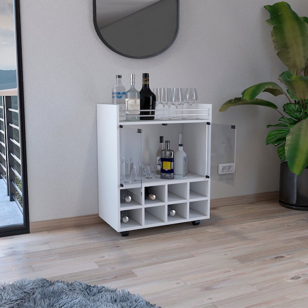 Tuhome St Andrews Bar Cart with Built-In 8-Bottle Rack. and Aluminum-Edged Top Surface-White - MLB9047
