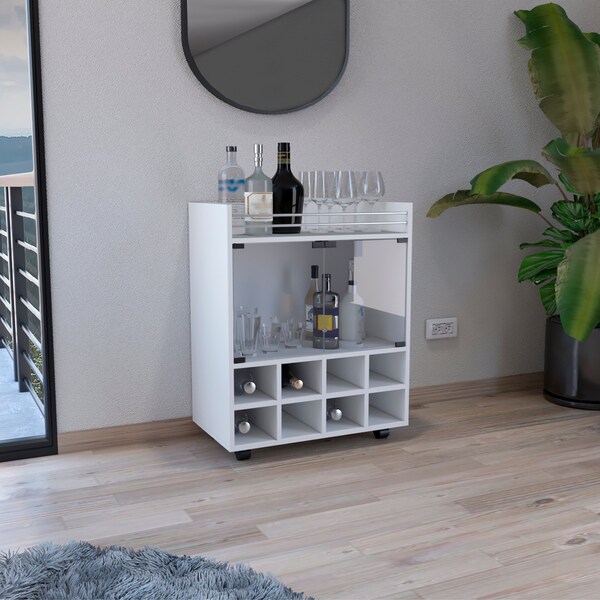 Tuhome St Andrews Bar Cart with Built-In 8-Bottle Rack. and Aluminum-Edged Top Surface-White - MLB9047