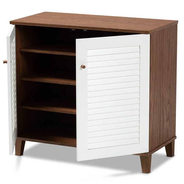 Baxton Studio Coolidge White and Walnut Wood 4-Shelf Shoe Storage Cabinet - 163-10392