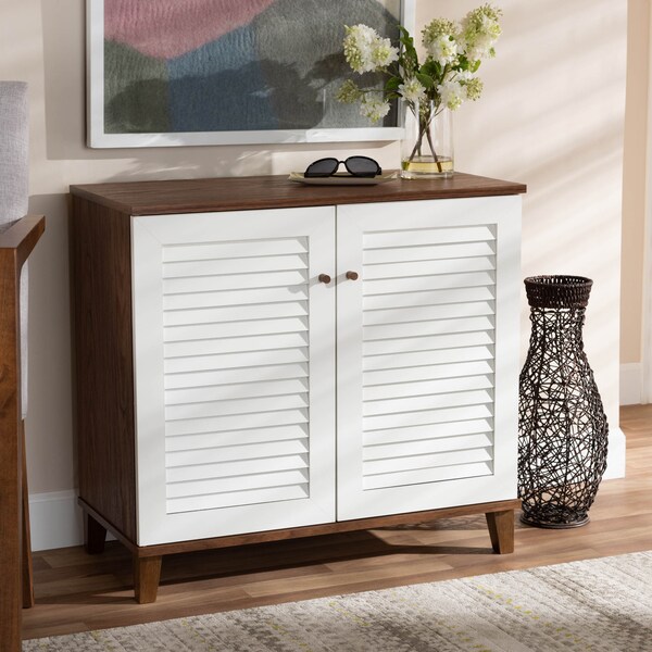 Baxton Studio Coolidge White and Walnut Wood 4-Shelf Shoe Storage Cabinet - 163-10392