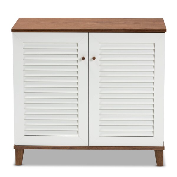 Baxton Studio Coolidge White and Walnut Wood 4-Shelf Shoe Storage Cabinet - 163-10392