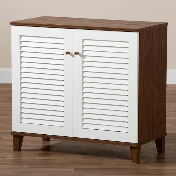 Baxton Studio Coolidge White and Walnut Wood 4-Shelf Shoe Storage Cabinet - 163-10392