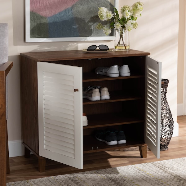 Baxton Studio Coolidge White and Walnut Wood 4-Shelf Shoe Storage Cabinet - 163-10392