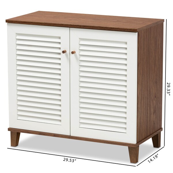 Baxton Studio Coolidge White and Walnut Wood 4-Shelf Shoe Storage Cabinet - 163-10392