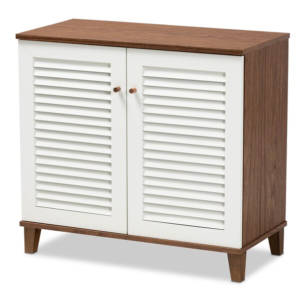 Baxton Studio Coolidge White and Walnut Wood 4-Shelf Shoe Storage Cabinet - 163-10392