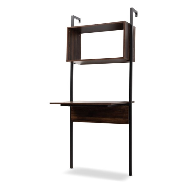 Baxton Studio Fariat Modern Industrial Walnut Brown Finished Wood and Black Metal Display Shelf with Desk - 196-12083-ZORO
