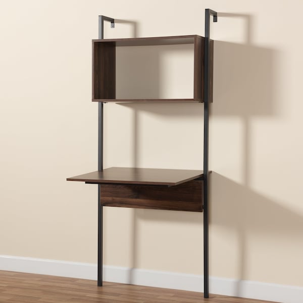 Baxton Studio Fariat Modern Industrial Walnut Brown Finished Wood and Black Metal Display Shelf with Desk - 196-12083-ZORO