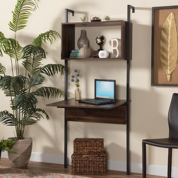 Baxton Studio Fariat Modern Industrial Walnut Brown Finished Wood and Black Metal Display Shelf with Desk - 196-12083-ZORO