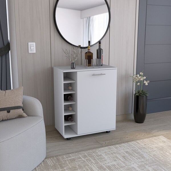 Tuhome Lafayette Bar Cabinet with 4-Bottle Rack. Upper Glass Holder and Dual Door Design-Macadamia - MLM9075