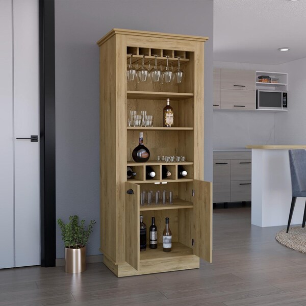 Tuhome Lafayette Bar Cabinet with 4-Bottle Rack. Upper Glass Holder and Dual Door Design-Macadamia - MLM9075