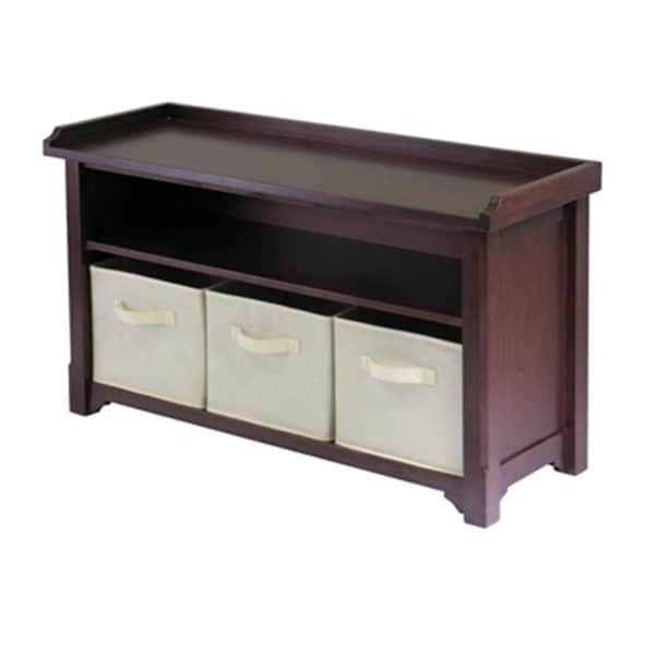 Winsome Verona Storage Bench with 3 Foldable Beige Color Fabric Baskets - Walnut - 94801