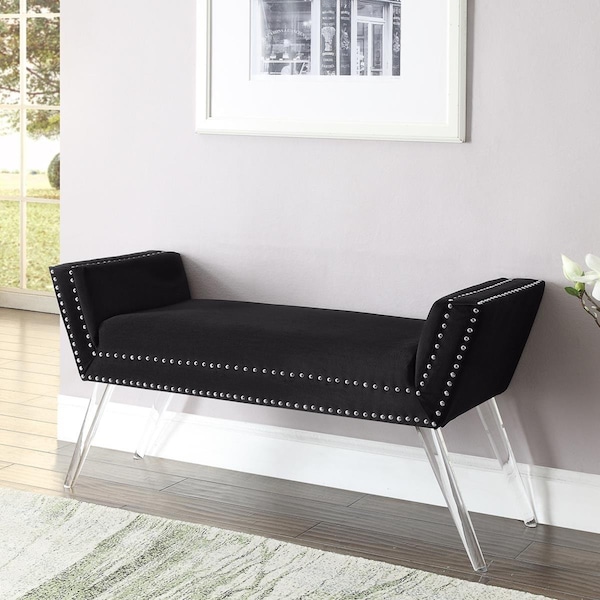 Comfortcorrect Katherine Velvet Modern Contemporary Nailhead Trim Acrylic Legs Bench - Black - CO2625034