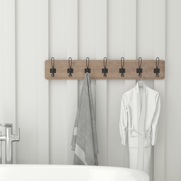 Flash Furniture Daly Wall Mounted 34in Weathered Brown Solid Pine Wood Storage Rack with 7 Hooks - HGWA-SCR-7-WEATH-GG