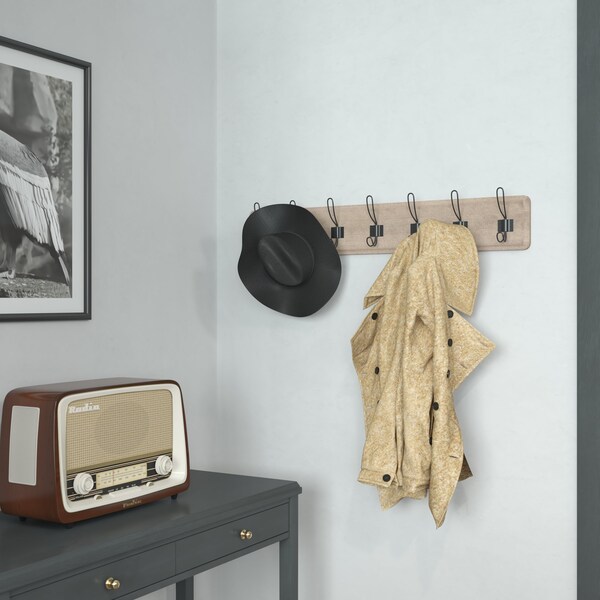Flash Furniture Daly Wall Mounted 34in Weathered Brown Solid Pine Wood Storage Rack with 7 Hooks - HGWA-SCR-7-WEATH-GG