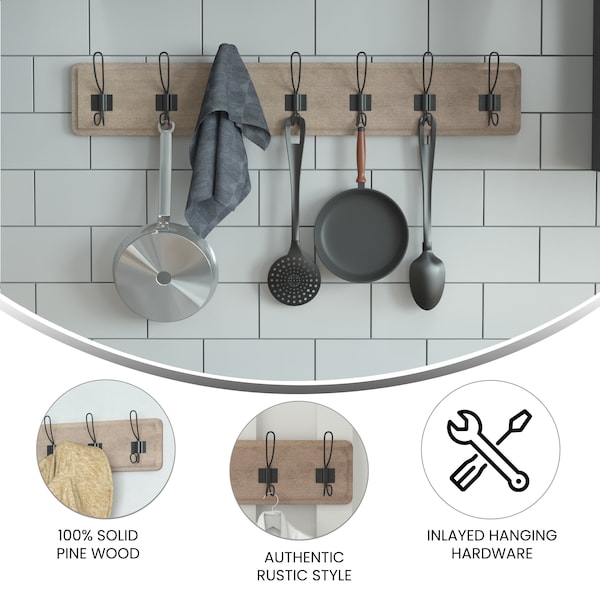 Flash Furniture Daly Wall Mounted 34in Weathered Brown Solid Pine Wood Storage Rack with 7 Hooks - HGWA-SCR-7-WEATH-GG