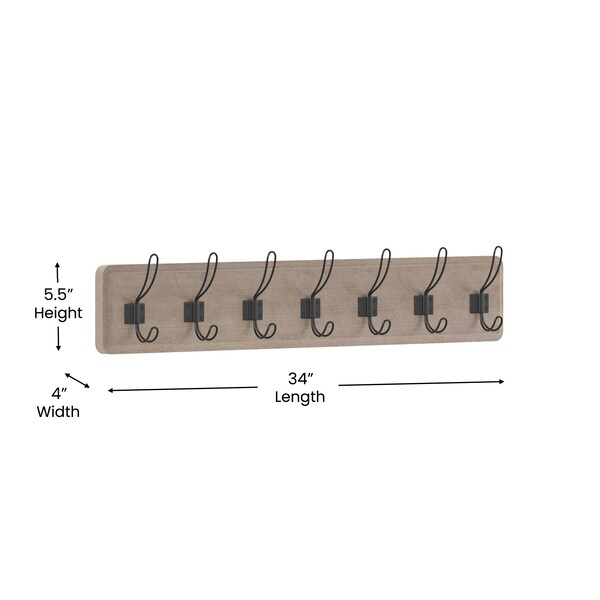 Flash Furniture Daly Wall Mounted 34in Weathered Brown Solid Pine Wood Storage Rack with 7 Hooks - HGWA-SCR-7-WEATH-GG