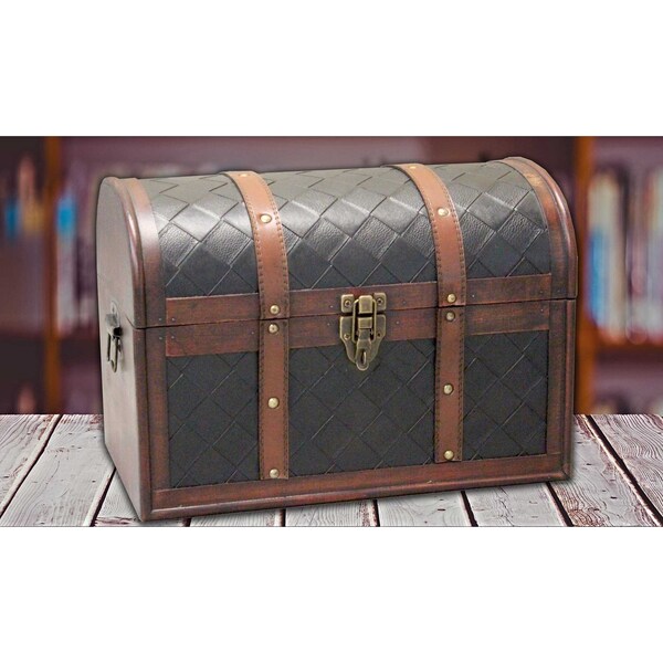 Vintiquewise Wooden Leather Round Top Treasure Chest, Decorative storage Trunk with Lockable Latch - QI003314