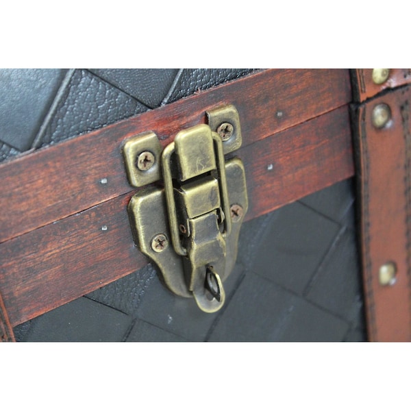 Vintiquewise Wooden Leather Round Top Treasure Chest, Decorative storage Trunk with Lockable Latch - QI003314
