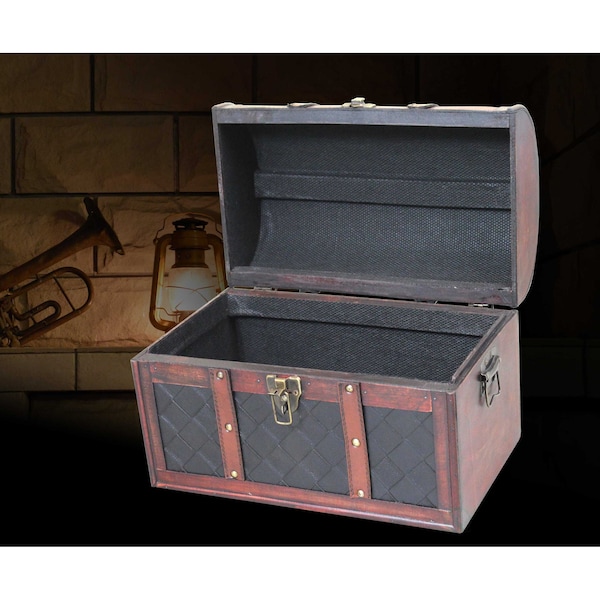 Vintiquewise Wooden Leather Round Top Treasure Chest, Decorative storage Trunk with Lockable Latch - QI003314