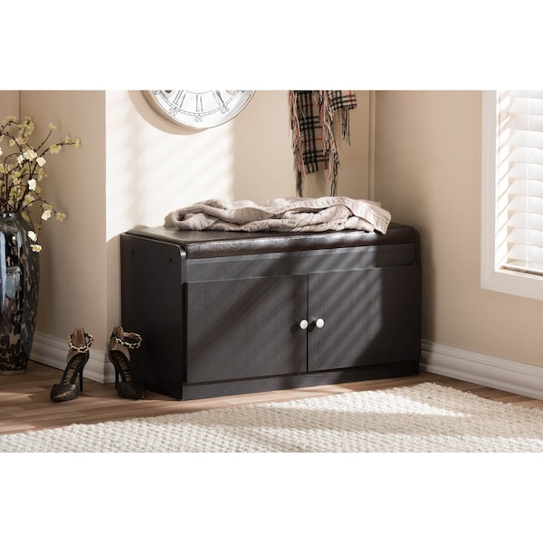 Baxton Studio Margaret Dark Brown Wood 2-Door Shoe Cabinet with Faux Leather Bench - 120-6475